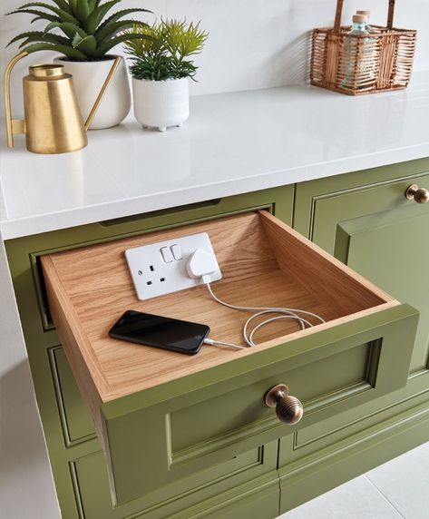 Oak charging drawer with green painted exterior. Kitchen Island Sockets, Kitchen Plugs, Green Shaker Kitchen, Blue Shaker Kitchen, Beautiful Kitchenware, Green Kitchen Designs, Kitchen Mood Board, Kitchen Cupboard Designs, Shaker Style Kitchens