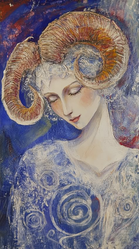 Fiery Aries goddess painted in Judith Desrosiers' style, exuding boldness and passion. Her dynamic presence captures the fearless and pioneering spirit of an Aries. Aries Painting, Aries Goddess, Zodiac Signs, Astrology, Art Inspo, Paint, Signs, Art