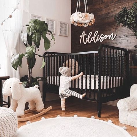 Adorable nursery accented with wood planks on the focal wall and stylish lettering Baby Nursery Inspiration, Scandinavian Nursery, Nursery Baby Room, Baby Bedroom, Nursery Inspiration, Modern Nursery, Baby Boy Rooms, Diy Baby