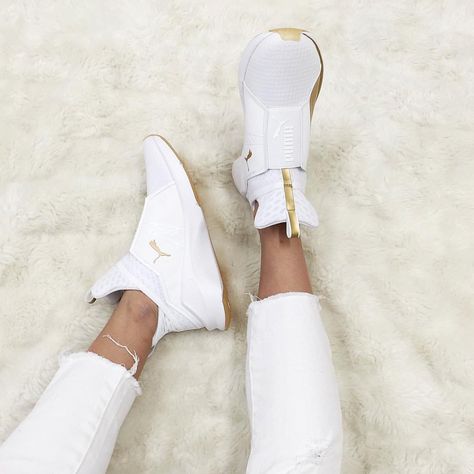 A little touch of gold ✨ Equal parts edgy and street, add the PUMA Fierce Gold in White to your life for a luxe athleisure look  Available now at Stylerunner.com #stylerunner #stylesquad Puma Shoes Outfit, Luxe Athleisure, Newbalance Shoes, Puma Creepers, Heels Slippers, Creepers Shoes, Stay Gold, Popular Shoes, Gym Clothes