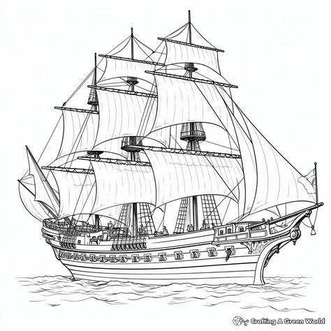 Pirate Ship Drawing Sketches, Ship Coloring Pages, Pirate Ship Design, Pirate Ship Drawing, Black Pearl Ship, Boat Drawing, Kindergarten Coloring Pages, Sea Quilt, Gratitude Journal Prompts