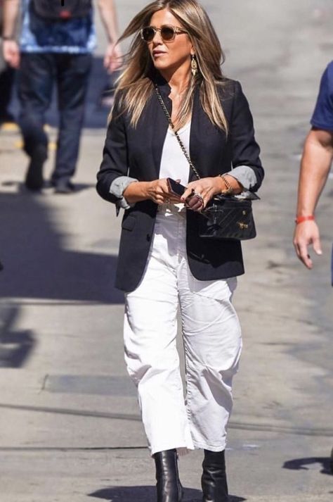 J Crew Regent Blazer, Nili Lotan Shon Pant, Chanel Bag, and Gold Rolex. J Crew Summer Outfits, Jennifer Aniston Street Style, Wear Black Dresses, Jennifer Aniston Style, Cowgirl Style Outfits, Fall 23, Best Outfits, Street Style Chic, Blazer Outfits