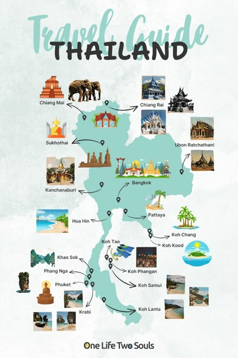 Discover the top places to visit in Thailand with our curated map of must-see locations!   From bustling cities to serene beaches, we've highlighted all the best spots for your next adventure.   Save this pin for your travel planning and grab our detailed city-wise Thailand itinerary from our blog 'One Life Two Souls' to make your dream trip a reality.   Your perfect Thailand journey starts here! 🇹🇭✨  Our Blog: www.onelifetwosouls.com South Thailand Map, 3 Week Thailand Itinerary, Thailand Tourist Spot, Thailand Must See, Thailand Itinerary 2 Weeks, Thailand Attractions, Thailand Muay Thai, Map Of Thailand, Thailand Travel Itinerary