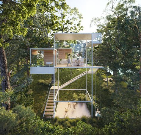 the treehouse module conceives a dialogue with forests in france Treehouse Design Architecture, Treehouse Design, Nova Lima, Proposal Planning, Steel Trusses, Concrete Pool, Tree Canopy, Exposed Concrete, Stilts