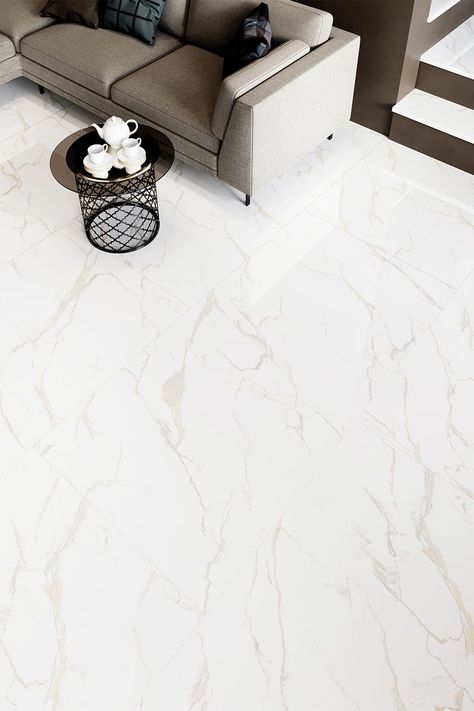 Classic with a twist, exceptional texture that looks and feels Amazing. Satin Finish Floor Tiles, Matt Finish Tiles Living Room, Marble Look Porcelain Tile, Greek Kitchen, Sugar Effect, Tiles Living Room, Bathroom Design Layout, Marble Floors, Floor Tile Design