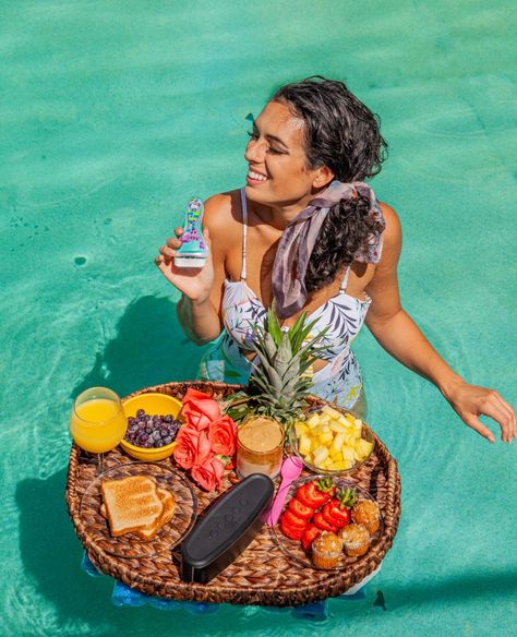 DIY Bali Floating Breakfast Tray - My Curly Adventures Floating Breakfast, Breakfast Tray, Blue Pool, Travel Music, Smooth Shave, Pool Noodles, Large Tray, Breakfast Items, Ways To Travel