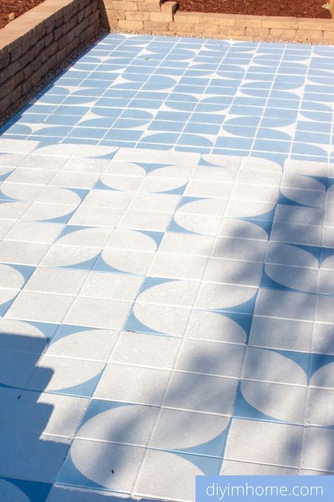 Outdoor Tile Paint, Painted Patio Tiles, Outdoor Tile Pattern, Painting Outdoor Tile, Painted Patio Pavers, Painted Patio Slabs Outdoor Spaces, Diy Outdoor Tile, Outdoor Flooring Ideas Cheap, Stenciled Pavers