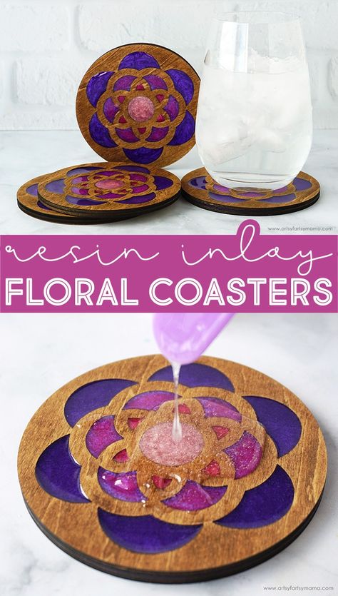 Resin Inlay Floral Coasters #diycoasters #resincrafts #coasters #resincoasters #lasercrafts #xtool #xtools1 @xToolOfficial #diyresin #springcoasters #springcrafts #floralcoasters #resincrafting #alumilite @alumiliteco Amazing Clear Cast Resin, Floral Coasters, Chalk Paint Wax, Bohemian Crafts, Resin Inlay, Diy Coasters, Stir Sticks, Disposable Gloves, Wood Cut