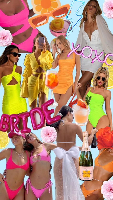 Electric Love Bachelorette, Veuve Before Vows Bachelorette, Veuve Before Vows, Love Bachelorette Party, Bachelorette Party Theme, Bachelorette Inspo, Neon Swimsuit, Electric Love, Bachelorette Theme