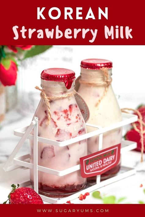 two bottles filled with strawberry milk and fresh strawberry chunks in a white bottle crate Strawberry Milk Recipes, Vday Recipes, Korean Drinks Recipe, Yogurt Drink Recipe, Vday Food, Korean Strawberry Milk, Paleo Beverages, Korean Strawberry, Dessert Wall