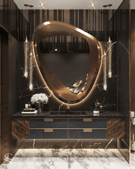 Dark Luxury Bathroom, Illusion Dance, Modern Bathroom Mirrors, Modern Luxury Bathroom, Washroom Decor, Mirror Inspiration, Opulent Interiors, Luxury Mirror, Washroom Design