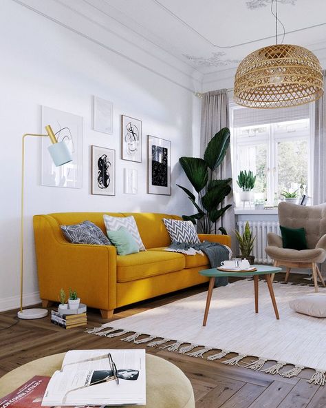 Modern Mustard Sofa, Living Room Scandinavian Boho, Living Room Designs Yellow Sofa, Yellow Couch Styling, Living Room With Yellow Couch, Yellow Boho Living Room, Eco Living Room, Mustard Couch Living Room Ideas, Yellow Sofa Living Room Ideas