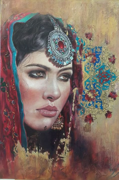 Portraits Women, Portrait Women, Art Arabic, Women Portrait, Iranian Art, Arabic Art, Art Gold, Painting Of Girl, Original Art Painting