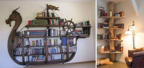 15 Insanely Creative Bookshelves You Need to See by Lorraine Delp Viking Decor Interior Design, Viking Cottage, Viking Farm, Viking Nursery, Cottage Core Office, Viking Home Decor, Viking Kitchen, Viking Home, Creative Bookcases