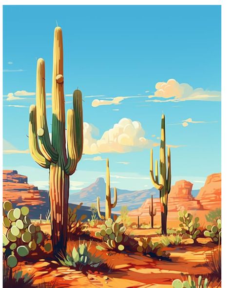 Southwestern Mural, Planet Ideas, Desert Paintings, Desert Drawing, Desert Watercolor, Cactus Paintings, Diy Oil Painting, Number Drawing, Frame Diy