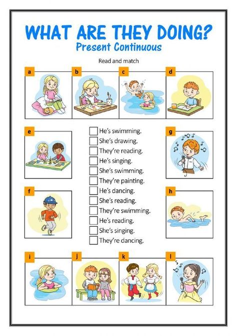 Practice the present continuous with this interactive activity for ESL students. You can do the exercises online or print the worksheet out. Present Continuous Worksheet, Teach English To Kids, Present Continuous Tense, English Grammar For Kids, Present Continuous, Grammar For Kids, English Activities For Kids, English For Beginners, English Exercises