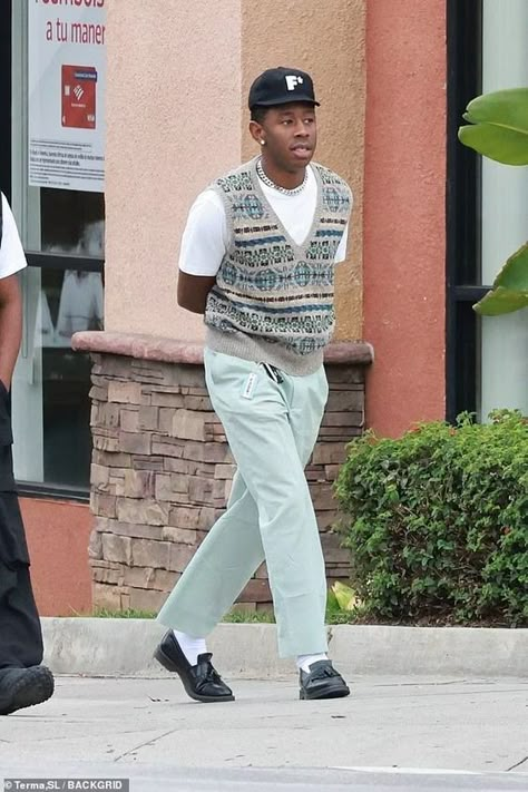 How To Style Sweater Vest, Style A Sweater Vest, Tyler The Creator Fashion, Beige Sweater Vest, How To Style A Sweater Vest, Tyler The Creator Outfits, Vest Outfits Men, Guys Fashion Casual, Black Ivy