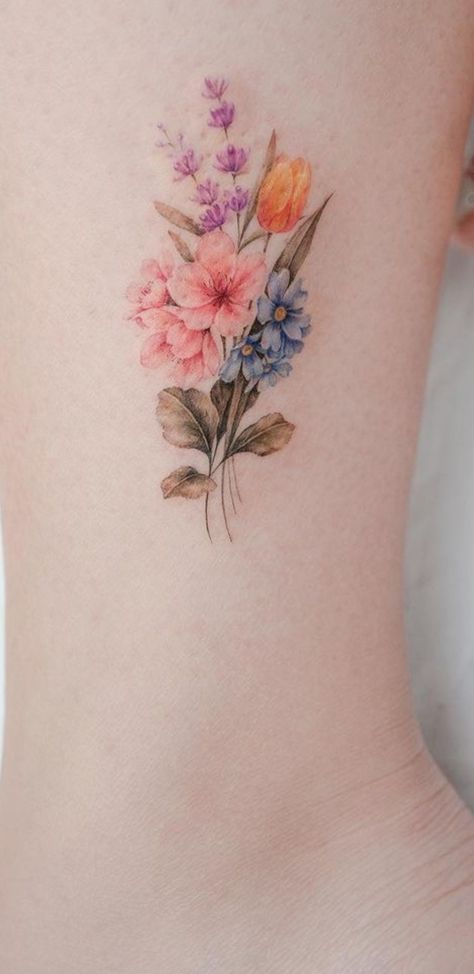 Birth Flower Bouquet Tattoo, Dainty Flower Tattoos, Colorful Flower Tattoo, Beautiful Tattoo Designs, Flor Tattoo, Carnation Tattoo, Flower Bouquet Tattoo, Birth Flower Bouquet, Lavender Tattoo