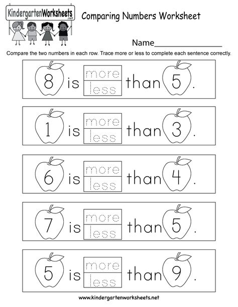 Kids are asked to compare two numbers and decide if the first number is more or less than the second one in this free kindergarten worksheet. Numbers Kindergarten Worksheets, Comparing Numbers Kindergarten, Comparing Numbers Worksheet, Number Worksheets Kindergarten, Kindergarten Math Free, Kindergarten Math Worksheets Free, Numbers Worksheets, Free Preschool Worksheets, Comparing Numbers