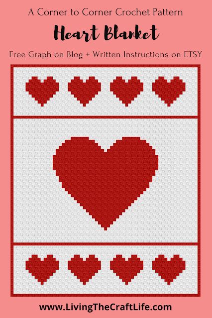 Living the Craft Life: Hearts C2C Blanket - FREE GRAPH C2c Heart, Heart Blanket Pattern, Corner To Corner Crochet Pattern, Crochet Heart Blanket, Crochet C2c Pattern, C2c Blanket, Crochet Graphs, Diy Crochet Patterns, Heart Blanket