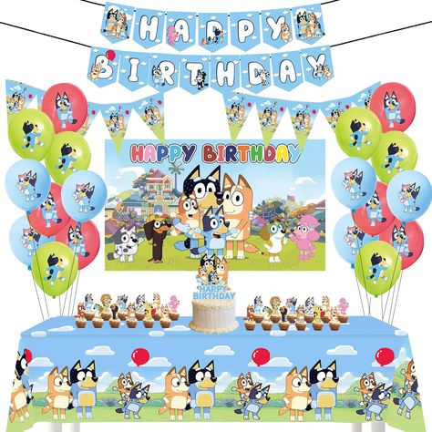 PRICES MAY VARY. 【Theme birthday decorations】Our 47 pc stunning theme birthday party decorations has 1 large banner, 1 backdrop, 1 tablecloth or table cover, 18 pc balloons, 24 pc cupcake toppers, 1 pc large cake decoration, and 1 long penant flag (10 triangles) 【Theme party decorations】All our party decor is made of classic theme colors and will fit very well with all your other theme birthday party supplies and party favors, including your cupcake stand, favor bags and all your other party acc Bluey 3rd Birthday Party, Bluey 2nd Birthday Party, Bluey Birthday Decorations, Bluey 3rd Birthday, Bluey 2nd Birthday, Bingo Birthday Party, Bingo Birthday, Balloons Backdrop, Bluey Birthday Party