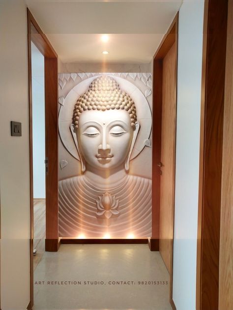 Buddha Partition Design, Siporex Carving, Buddha Wall Decor Interior Design, Buddha Wall Painting, Entrance Lobby Design, Buddha 3d, Buddha Wall Decor, Elevation Ideas, Balcony Glass Design