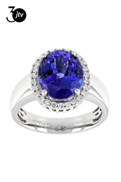 3.50ct Oval Tanzanite With 0.25ctw Round White Diamond Platinum Ring. Measures Approximately 0.50"L x 0.54"W. Finished Under Gallery Platinum Diamond Rings, Blue Tanzanite, Blue Jewelry, Platinum Ring, White Diamond, Blue And Purple, Platinum, Ring, Purple