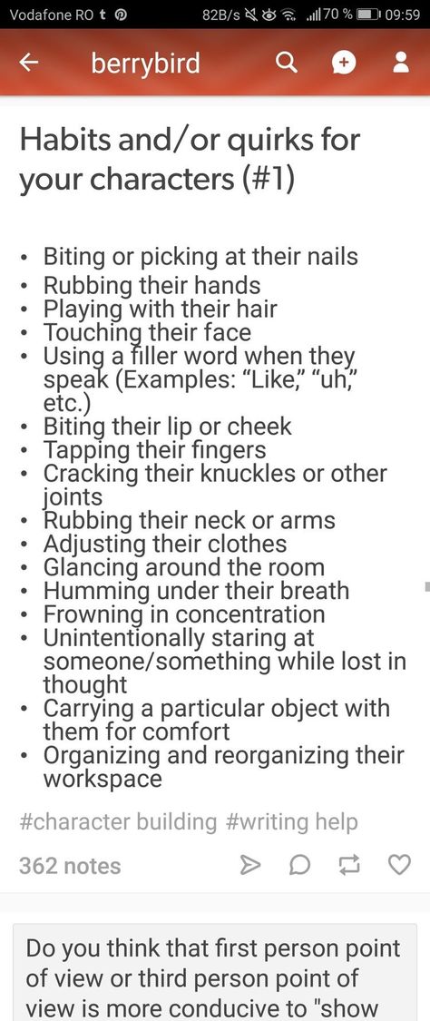 Character Description Personality, Good Character Habits, Character Habits And Mannerisms, Character Habits Writing, Cute Character Quirks, Different Character Personalities, Quirks And Habits For Characters, Problems For Characters, Character Quirks Writing