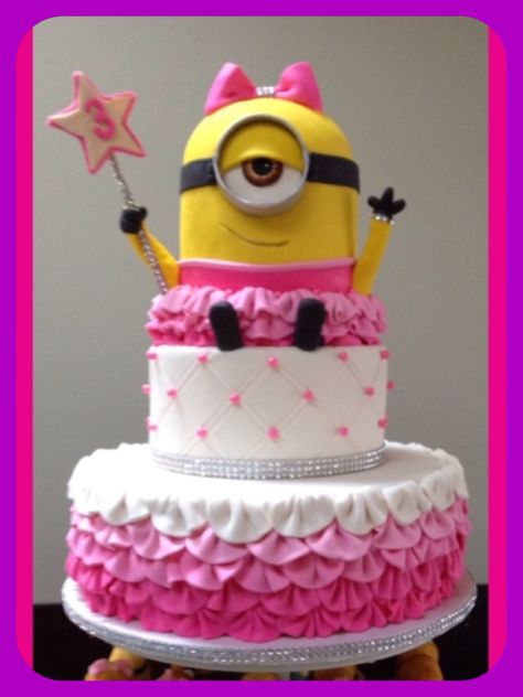 Minion Birthday Cake. Girl minion party. Pink minion.  Cute pink Bow Minion.  3rd birthday party. Made by Misti Short Cakes for her granddaughters 3rd birthday party. Girl Minion Birthday Party, Extreme Cakes, 3d Birthday Cake, Minion Birthday Cake, Girl Minion, Minion Birthday Party, A Minion, Minion Cake, Minion Birthday