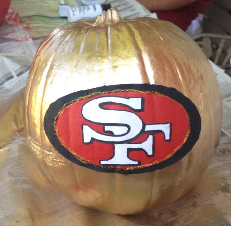 My 49ers pumpkin! WANT TO MAKE SO BAD!!!!!!!!!!!!!!!!!!!!!!!!!! 49ers Pumpkin Painting, Football Pumpkins Painted, 49er Paintings, 49ers Christmas Ornaments Diy, Pumpkin Smash, 49ers Memes Humor, 90s Fashion Outfits Hip Hop Party, Creative Pumpkin Painting, Halloween Pumpkins Painted