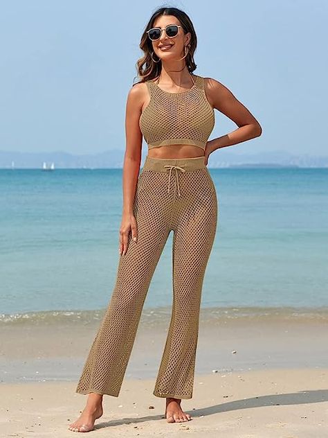 Pink Queen Women's Swimsuit Cover Up Set 2 Pieces Crochet Sleeveless Crop Top Wide Leg Long Pants Beach Coverups Beach Coverups, 2 Piece Swimsuits, Tall Girl, Sleeveless Crop Top, Swimsuit Cover Ups, Swimsuit Cover, Amazon Fashion, Long Pants, Cropped Tank Top