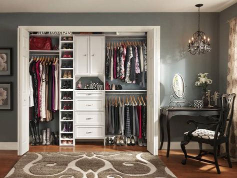 Small Closet Organization Ideas: Pictures, Options & Tips | Home Remodeling - Ideas for Basements, Home Theaters & More | HGTV Ikea Closet Organizer, Reach In Closet, Custom Doors, Closet Layout, Small Closets, Closet Remodel, Door Company, Small Closet Organization, Dream Closets