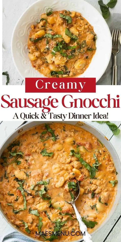 Creamy Gnocchi and Sausage - Mae's Menu Gnocchi Sausage And Spinach Recipes, Dutch Oven Gnocchi Recipes, Gnocchi Recipes With Sausage, Sausage Gnocchi Skillet, Italian Sausage And Gnocchi Recipes, Recipes With Gnocchi Simple, Potato Gnocchi Recipes Dinners, Sausage And Gnocchi Recipes, Gnocchi And Sausage Recipes