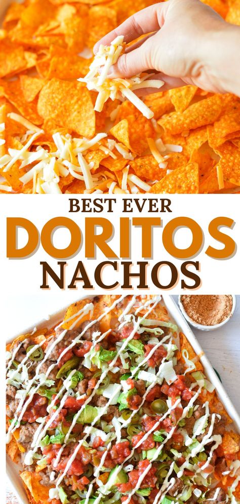 loaded nachos with doritos and cheese. Quick Nachos Recipe, Rotel Dorito Nachos, Crock Pot Nachos Beef, Dorito Nachos Ground Beef Recipe, Dorito Nacho Bake, Nachos Recipe Doritos, Loaded Nachos Recipe Beef Easy, Marry Me Nachos, Dorito Nachos In A Bag