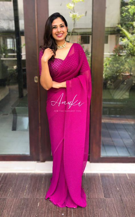 Plum Crinkled Georgette Saree Christian Bride, Saree Sale, Blouse Design Images, Georgette Blouse, Trendy Blouses, Trendy Blouse Designs, Stylish Sarees, Georgette Saree, Georgette Sarees