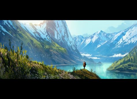 ArtStation - Norway, Thomas Roisland Lake Concept Art, Norway Landscape, Cityscape Painting, Fantasy Art Landscapes, Arte Animal, Mountain Lake, Environmental Art, Natural Environment, Great Britain