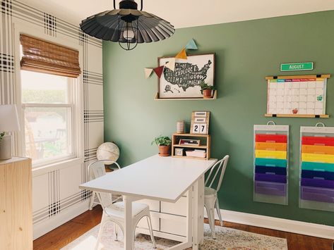 How to create a homeschool room you and your kids will love | ourgatheredcottage.com Dining Room Homeschool, Homeschool Room Design, Room Wall Colors, Homeschool Room, Homeschool Inspiration, Desk Areas, Playroom Ideas, Room Paint Colors, School Room