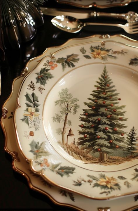 Plates Setting Ideas, Vintage Christmas Plates, Vintage Christmas Inspiration, Christmas Vintage Decor, Vintage Christmas Dinner, Yule 2024, Christmas Crockery, Christmas China Patterns, Christmas Table Setting Ideas