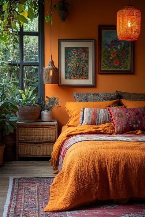 Eclectic global decor and warm orange tones create a cozy, personality-filled retreat. Explore more warm orange boho bedroom ideas here! Orange Aesthetic Home Decor, Pops Of Colour Bedroom, Orange Monochromatic Room, Boho Colourful Bedroom, Bright Bohemian Bedroom, Blue Pink And Orange Bedroom, Rust Coloured Bedroom, Orange Bedroom Ideas Walls, Red And Orange Bedroom