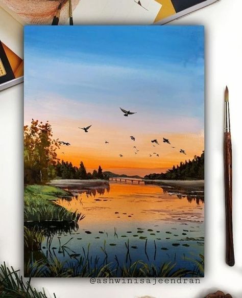 Sunset Canvas Painting, Sky Art Painting, Painting Ideas For Beginners, Canvas For Beginners, Canvas Painting Ideas, Scenery Paintings, Easy Canvas Painting, Canvas Painting Designs, Landscape Art Painting