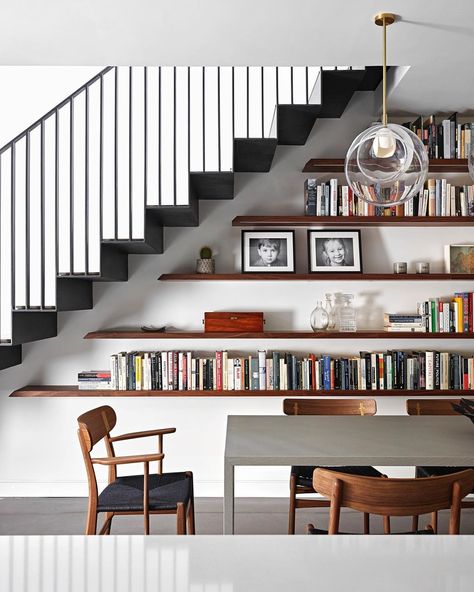 Walnut Kitchen Design, White Walnut Kitchen, White And Walnut Kitchen, Ways To Display Books, Hallway Library, Shelves Under Stairs, Walnut Shelving, Stair Bookshelf, Stair Shelves