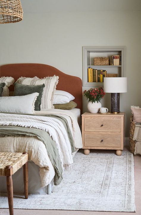 SHOP ALL – House Nine Design Bedroom With Linen Headboard, Rust Headboard Bedroom, Cloth Headboard Bedroom, Burnt Orange Headboard, Soho House Bedroom, Rust Bedroom, House Nine Design, Art Deco Bedroom Decor, Sophisticated Apartment