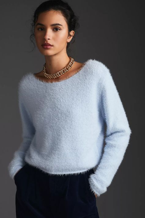 Pilcro Cropped Eyelash Sweater | Anthropologie Sky Blue Sweater Outfit, Blue Sweater Outfit, Eyelash Sweater, Gray Cashmere Sweater, Oversized Knit Cardigan, Sky Blue Color, Fashion Forecasting, Color Block Cardigan, Dressed To The Nines