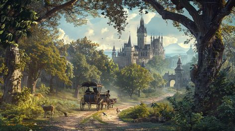 Medieval Fantasy Carriage Journey Medieval Castle Concept Art, Medieval Fantasy Village, Medieval Carriage, Fantasy Carriage, Realistic Digital Art, Fantasy Village, Inspirational Digital Art, Photography Movies, Fantasy Concept