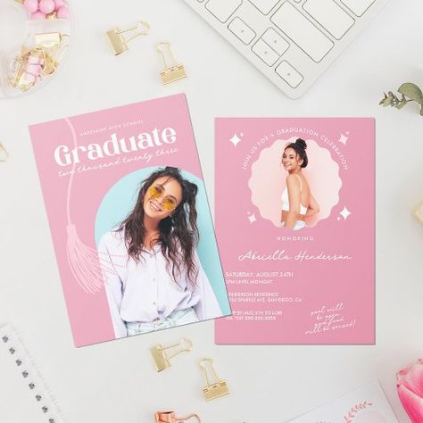 Modern Graduation Party, Graduation Invitation Cards, Pink Graduation, Graduation Invitations Template, Grad Invitations, Graduation Invitation, Foil Invitations, Graduation Celebration, Modern Invitation