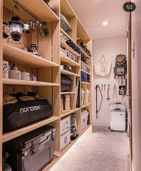 Open Shelves Garage, Camping Gear Room Ideas, Outdoor Gear Storage Ideas, Gear Room Organization, Gear Room Ideas, Hunting Room Design, Outdoor Gear Organization, Hunting Storage, Outdoor Gear Storage