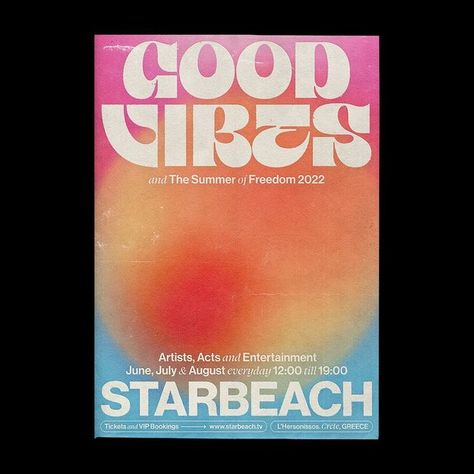 Monga D. on Instagram: "Poster created for @starbeach's Good Vibes, a daytime party in the Greek Islands. Keywords: Summer / Sun / Hot / Pool / Fun / House Music / Colorful / Chilled / Retro / Sexy Fonts. 🌞 Main type from: @jad.otf 🌞 Design: @mateusyuzo 🌞 Project management: @michelrefatti . . . #aplausofeature #certainmagazine #citysodaclub #collectgraphics #criacura #fkndesign #fruitsartclub #graffclub #graphicdesign #graphicindex #graphicjuice #graphicplanet #graphicsarchive #hypenostype Summer Vibes Poster, Words Poster Design, Concert Poster Graphic Design, Summer Concert Poster, Sunset Poster Design, Summer Party Vibes, Gradient Design Poster, Summer Event Poster, Gradients Graphic Design