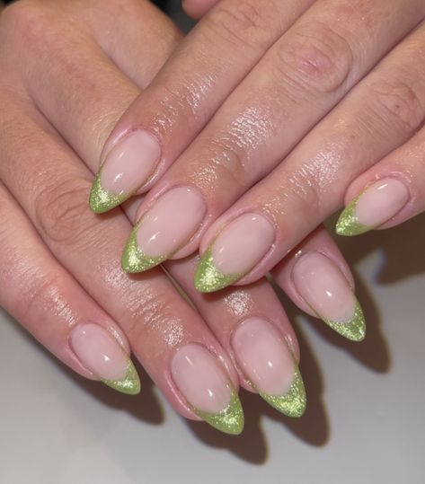 Iridescent Nails Green, Green Cat Eye French Tip Nails, Light Green And Silver Nails, Metallic Green French Tip Nails, Sparkly Green French Tips, Chrome Green French Tip Nails, Sparkle Green Nails, Green Glitter French Tip Nails, Green Chrome French Tip