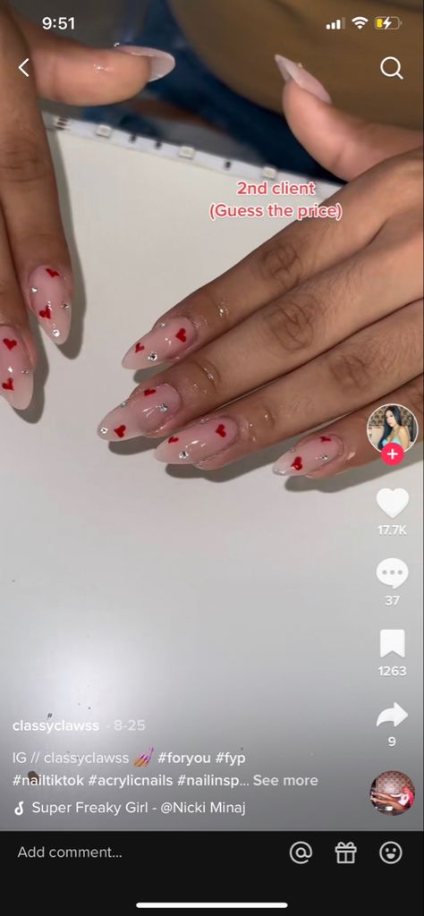 Heart nails Red Heart Nails With Gems, Clear Nails With Hearts, Small Heart Nails, Nail Designs Hearts, Heart Shaped Nails, Nails Hearts, Nails With Hearts, Hearts Nails, Nail Aesthetic