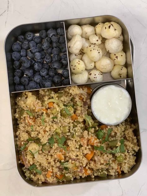 Quinoa Pulao + Roasted Makhana + Fruits - Indian Veggie Delight Vegetables In Instant Pot, Lunch Box Indian, Roasted Makhana Recipe, Quinoa And Vegetables, Roasted Makhana, Indian Lunch Box, Cooking Shooking, Lunch Recipes Indian, Desi Khana